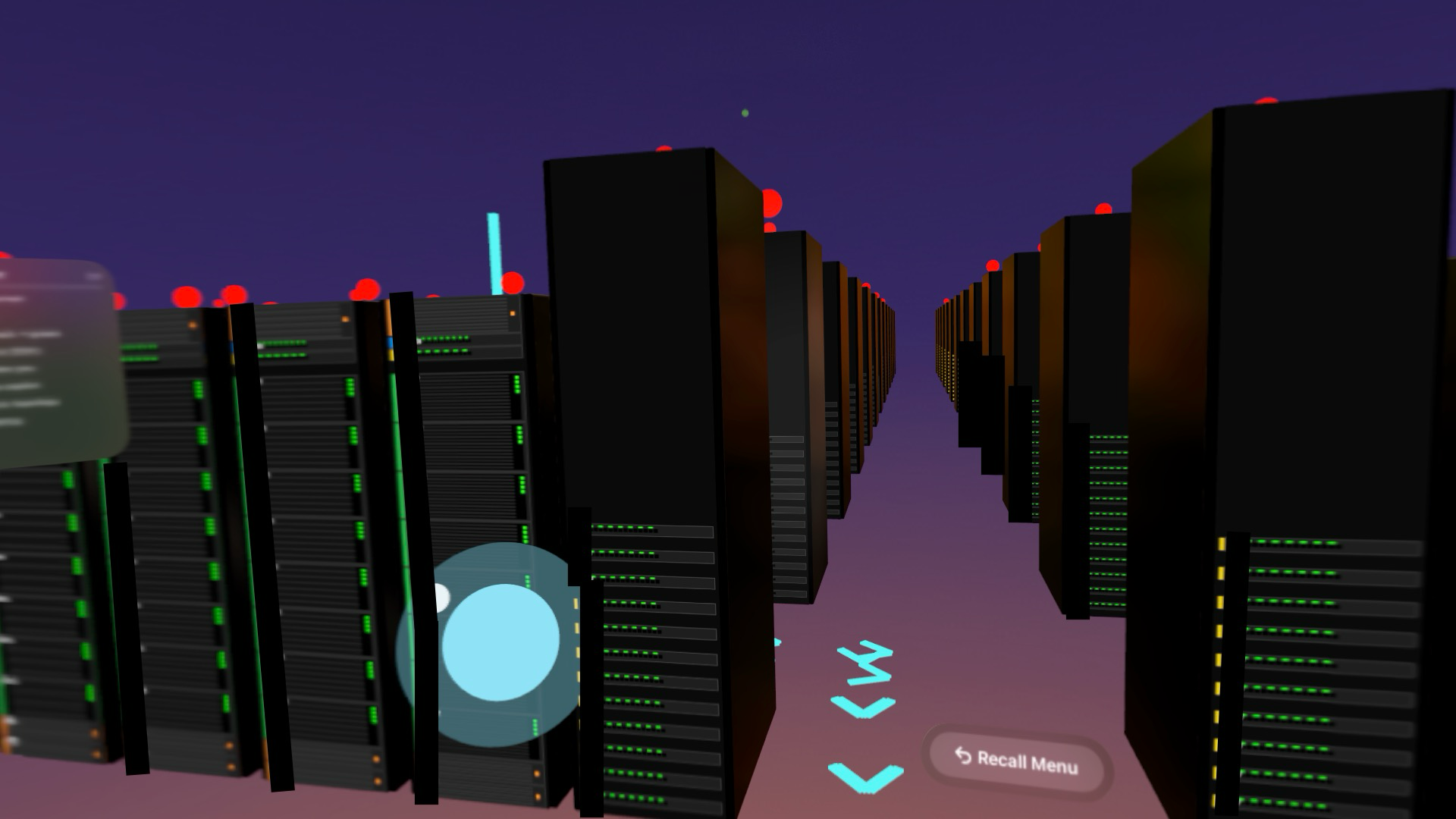 A glowing route down the data hall aisle to the target rack