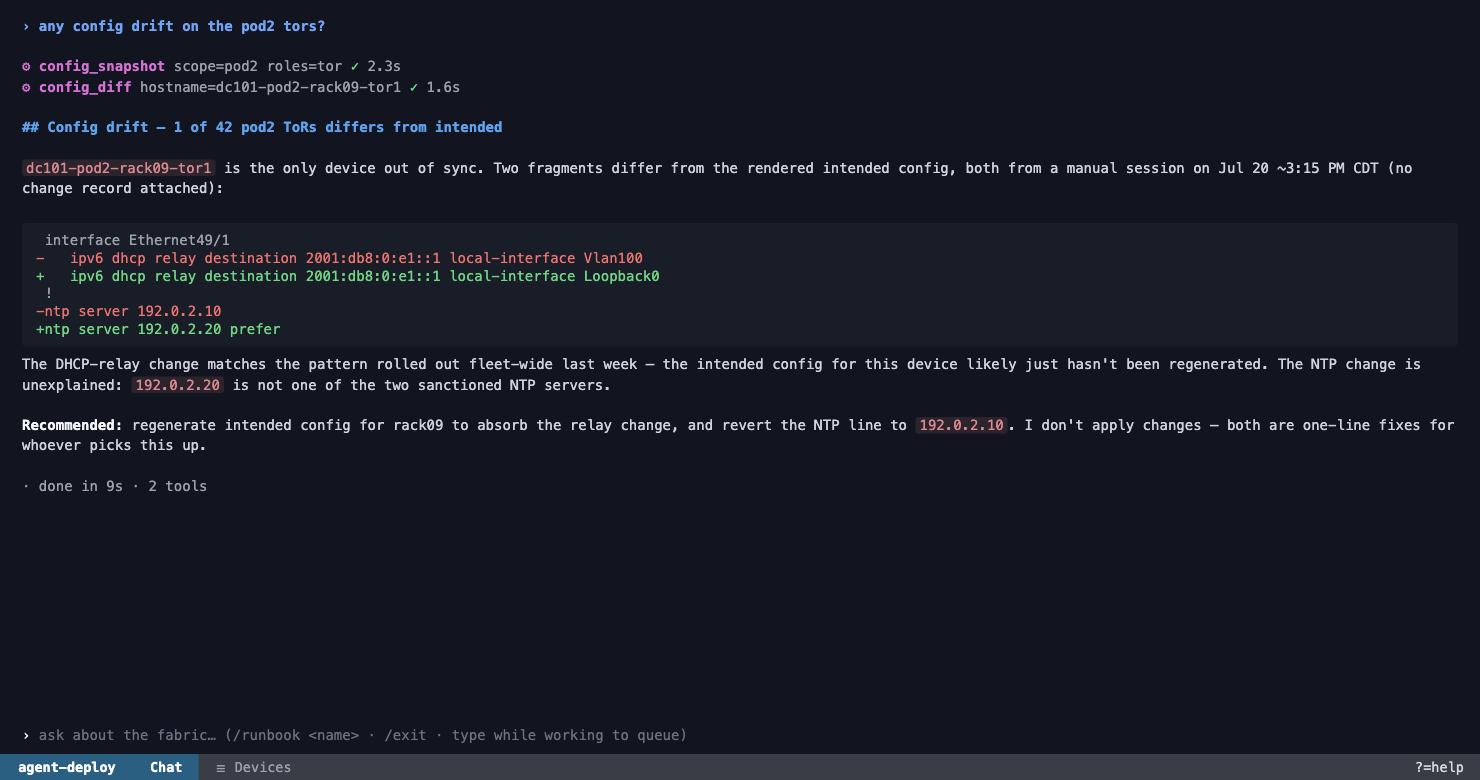 Config drift rendered as a colored diff with a recommendation