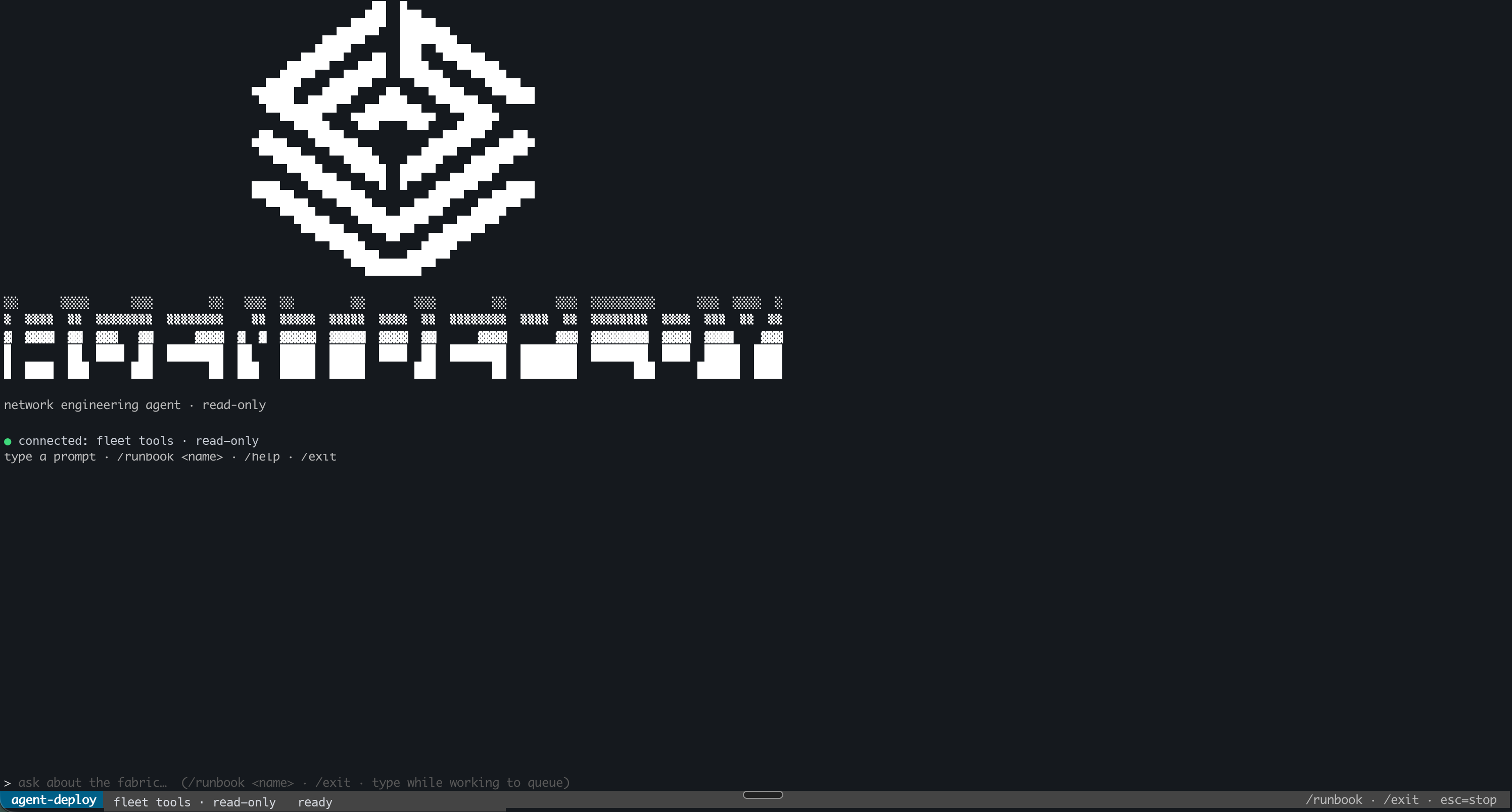 The agent-deploy splash screen — a read-only network engineering agent, connected to the fleet